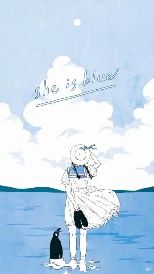 小清新蓝色系文艺少女插画手机壁纸