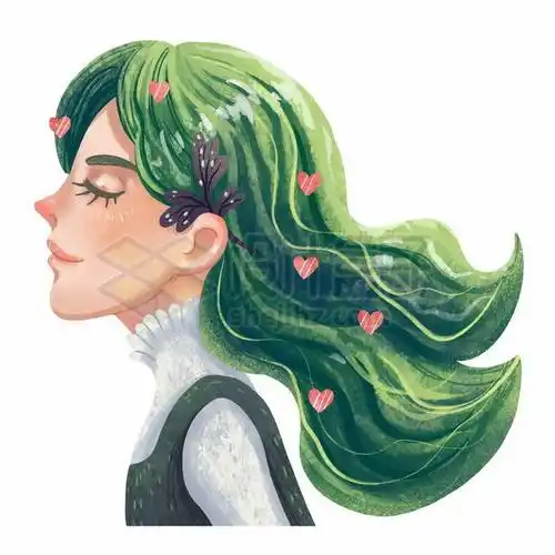 闭着眼睛的绿色头发女孩子侧脸艺术插画4506831矢量图片免抠素材 人物