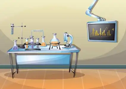 卡通矢量插图实验室内部空间与分层照片