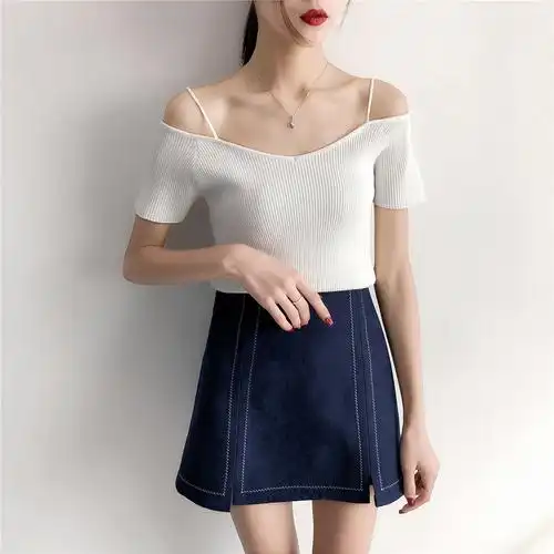 2019针织衫短袖t恤夏装女士一字肩漏肩吊带衫宽松露锁骨上衣