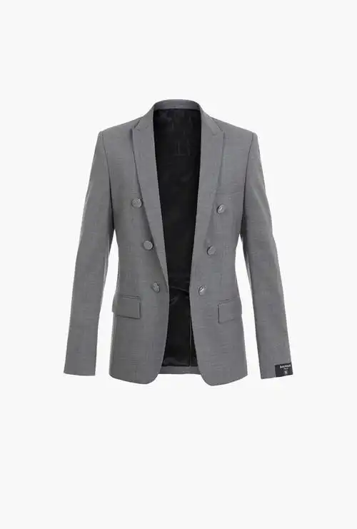 银色纽扣装饰灰色羊毛西装外套