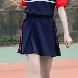 儿童女童半身裙夏季短裙小学生校服裙女深蓝色校服裤一条杠红边白