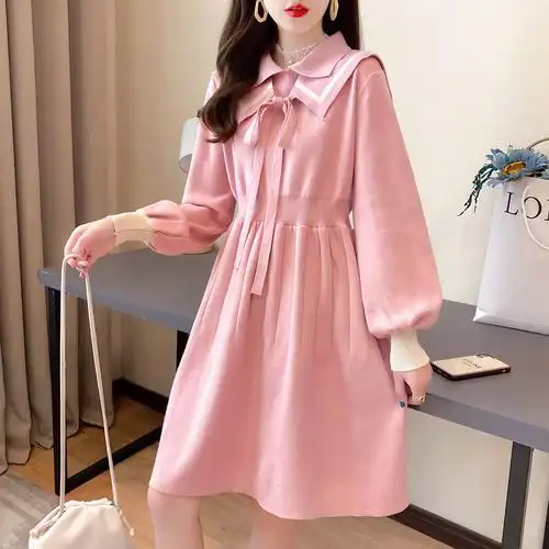 实拍学院文艺风小清新洋气海军领收腰内搭外穿针织连衣裙