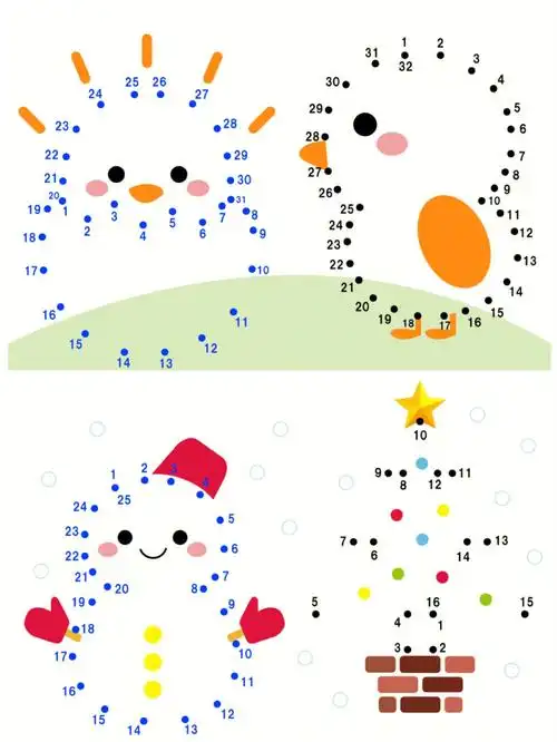 专注力训练连线成画,卡通版简易版20数字内普通版50数字内难版100数字