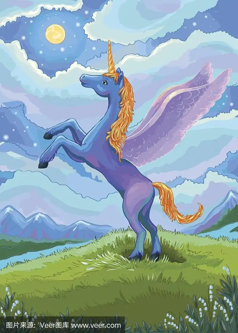 独角兽,绘画插图,蓝色,夜晚,秘密