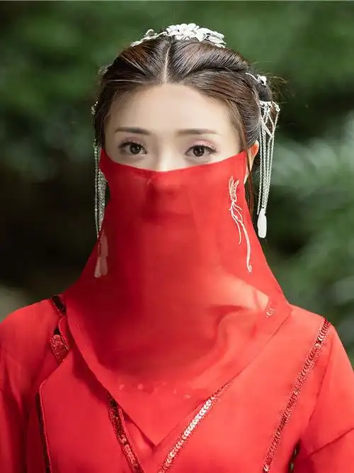古风刺绣花面纱复古代汉服遮脸挂耳超仙古装汉服蒙面白色凤凰绑带面纱