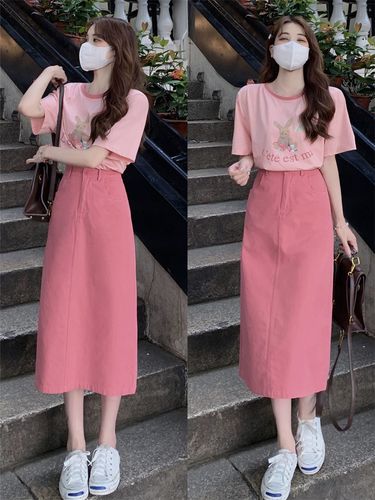 实拍实价 韩系减龄印花短袖上衣 高腰显瘦半身裙 - 17网