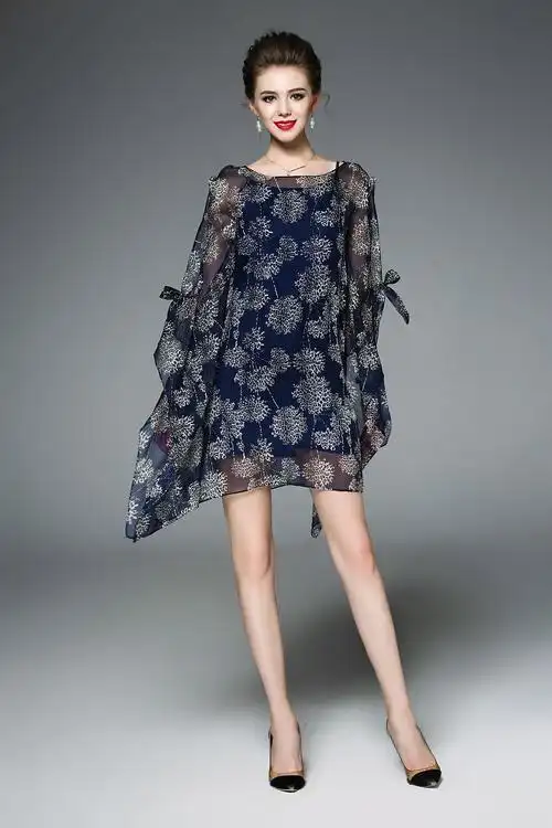 女装夏季新款时尚精品欧美印花宽松蝙蝠袖真丝大摆裙休闲连衣裙72752