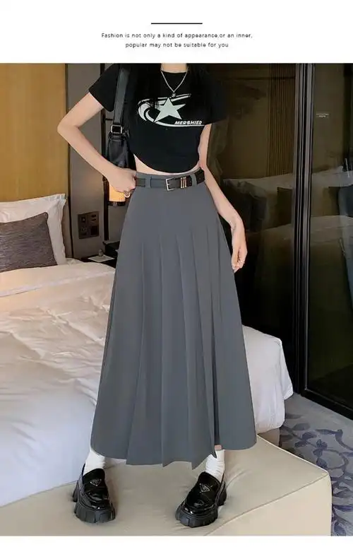 (升级西装面料 腰带款)百褶裙半身裙女春夏新款显瘦裙子中长裙 - 17网