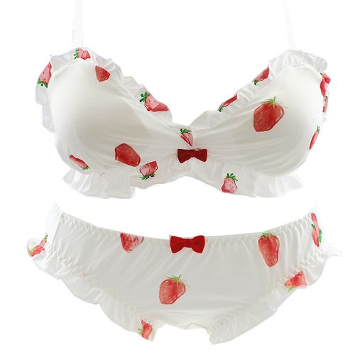 1932日系无钢圈三角杯文胸套装牛奶丝印花草莓舒适少女洛丽塔内衣