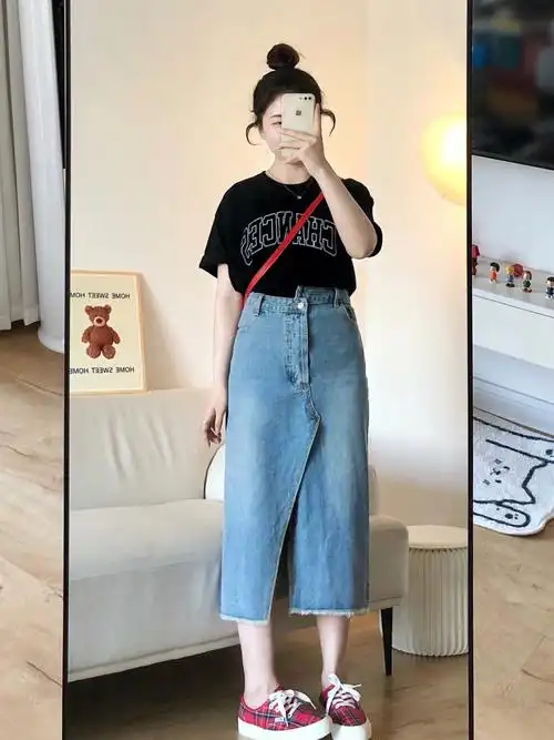 长度小个子也93 浅蓝色清爽百搭#开衩牛仔半身裙  #半身长裙  #梨形