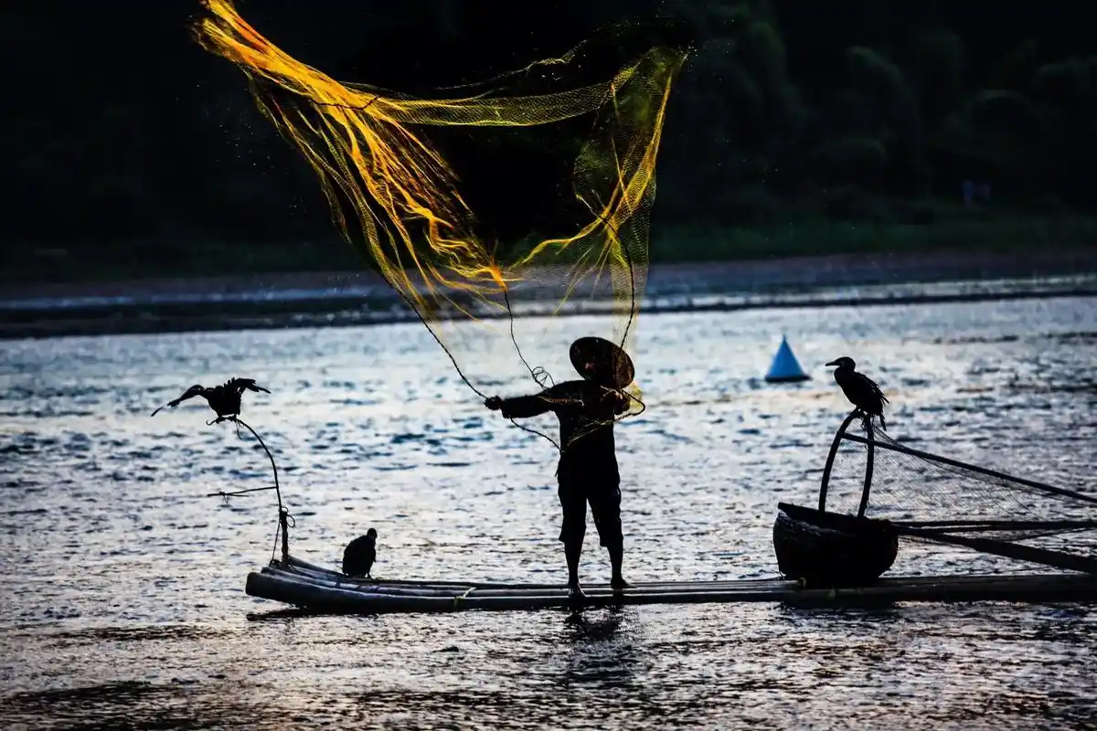 抓拍渔者撒网捕鱼的一瞬间.#落日余晖映晚霞一抹夕阳美如画 # - 抖音