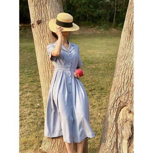 huaappuw淑女气质西装领短袖纽扣连衣裙女2024春季新款显瘦裙子