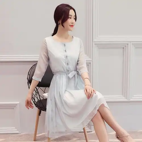 时尚网纱雪纺连衣裙收腰长裙