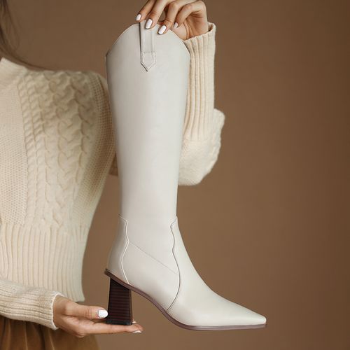 高跟鞋长靴2021秋冬新款尖头白色粗跟高筒不过膝靴小个子真皮靴子