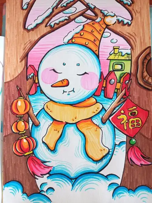 创意儿童画  #儿童创意美术  #灯笼 #冬天  #堆雪人儿童画