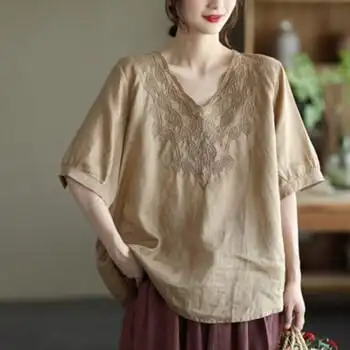 捡漏价高档品牌女装新款文艺复古棉麻上衣女夏短袖宽松休闲v领套头