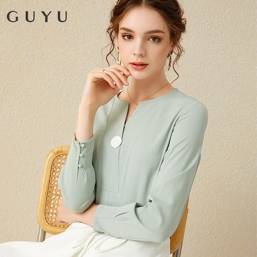 白色衬衫女长袖春装设计感小众无领雪纺上衣宽松v领套头职业衬衣