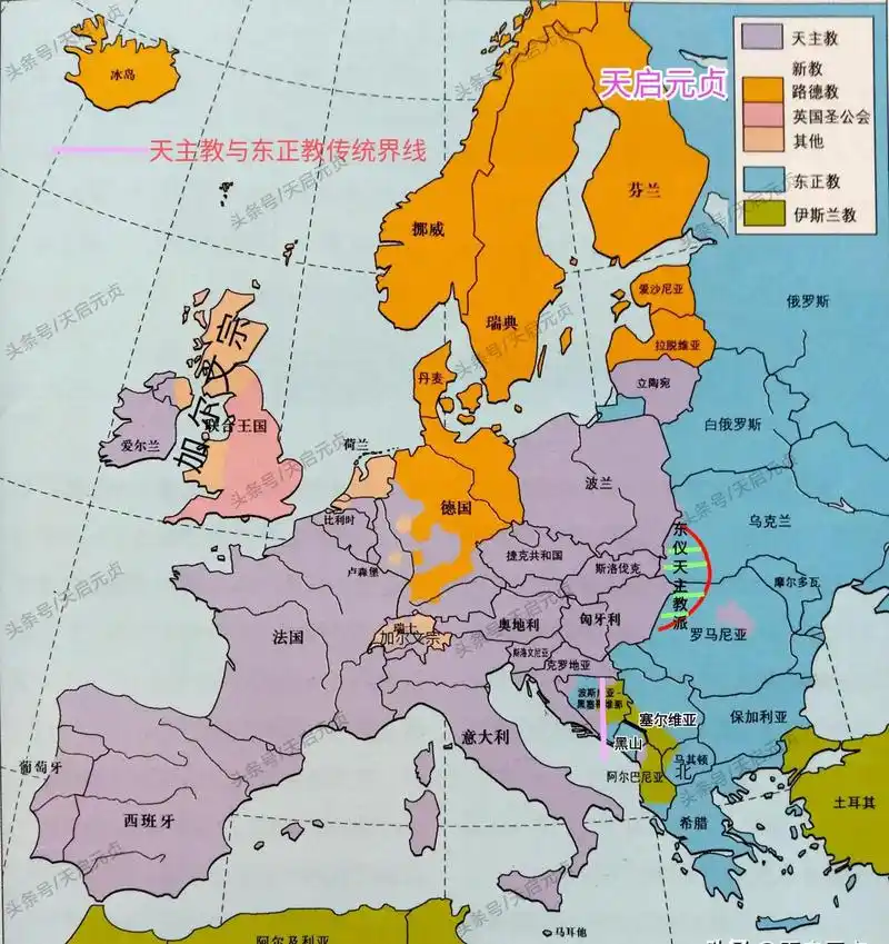 欧洲的宗教分布图. 传统意义上,欧洲基督教分为天主教和东正教.