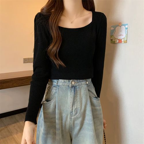 芳草屋高中生毛衣女学生初中生贴身法式方领漏锁骨气质针织衫纯欲风外