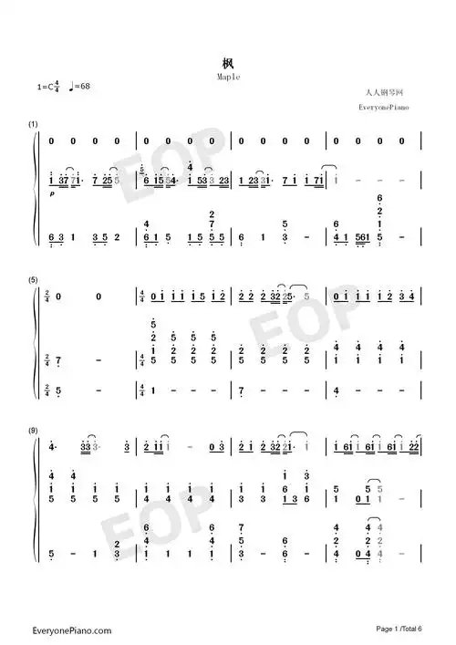 枫周杰伦双手简谱预览1