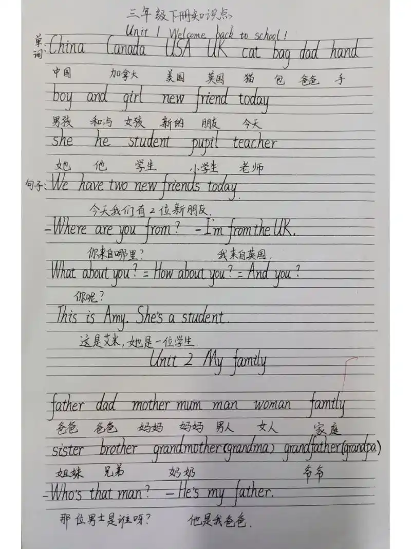 人教版英语pep三年级下册 三年级下册手写体重点单词和句型,希望孩子