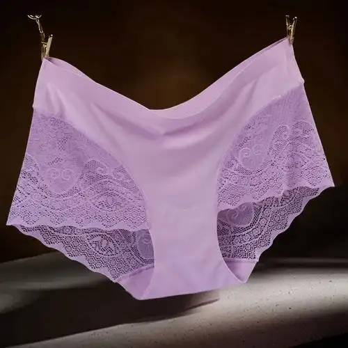 新款女士无痕冰丝蕾丝内裤平角性感薄款网纱防走光时尚中腰短裤头