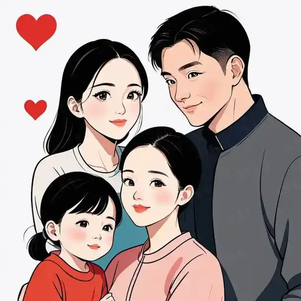 亲子头像|四口之家两个女儿手绘创意头像