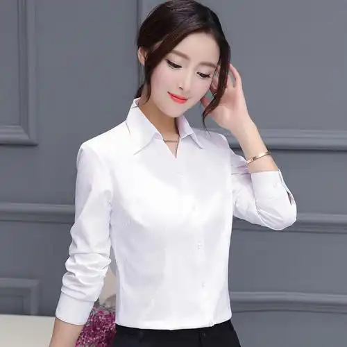 秋季新款纯白衬衫女装长袖职业上衣正装宽松工装打底v领ol棉衬衣