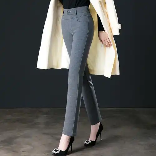 冬季加厚加绒四面弹力中年女裤高腰修身小直筒休闲裤