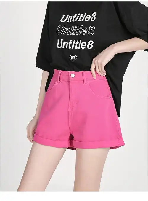 粉红色牛仔短裤女夏季高腰宽松a字阔腿显瘦2022年新款辣妹短裤女 - 17