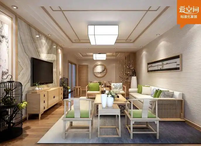 简约中式风格131平米三居客厅吊顶装修效果图