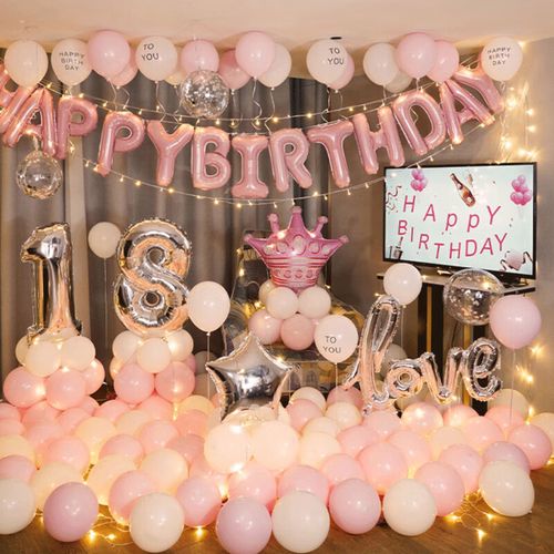 世绣(shi xiu)成人生日布置18岁女孩闺蜜派对场景房间粉气球朋友背景