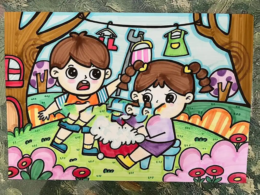 《劳动》《洗衣服》主题儿童画 幼儿考编必 适用主题:《劳动》《洗