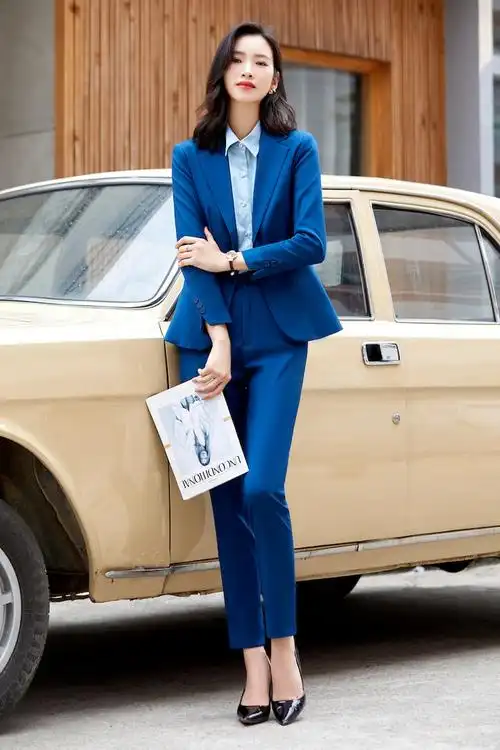 佳昭蓝色西装外套女2021秋冬新款高级感气质时尚英伦风长袖一粒扣职业