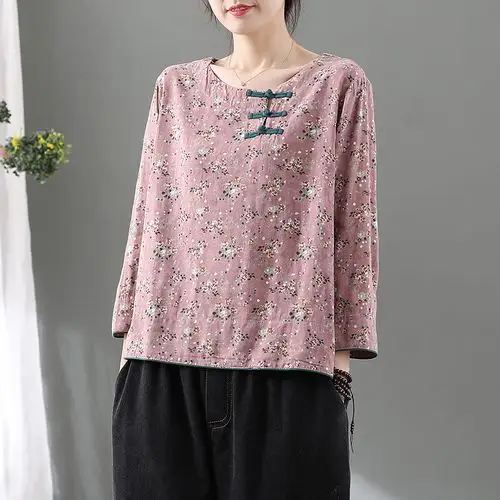 复古盘扣碎花长袖t恤女宽松休闲圆领亚麻小衫春秋外穿薄棉麻上衣