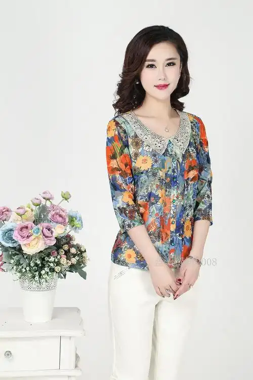 歌品牌折扣大码中年女装春秋薄夏修身七分中袖t恤花色蕾丝领