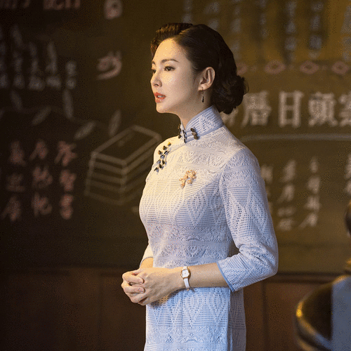 旗袍美探张雨绮同款老上海复古蕾丝七分袖修身显瘦高开叉长款旗袍