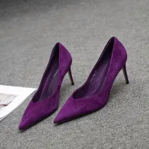 欧洲站2020秋季新款女鞋羊京绒尖头v口通勤单鞋紫色细跟高跟鞋女