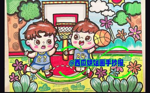 体育运动打篮球绘画儿童画主题画简笔画电子版模板小学生横版涂色