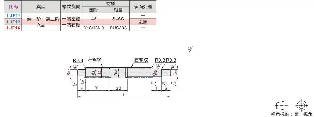 30度梯形丝杠 一端一阶一端二阶a型 一端左旋一端右旋 中部公差h7型
