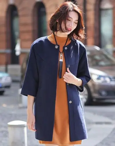 藏蓝色优雅大气圆领七分袖长款大衣