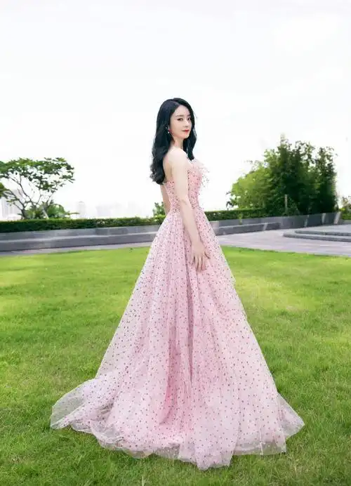 赵丽颖星点薄纱长裙##赵丽颖抹胸纱裙盘发造型