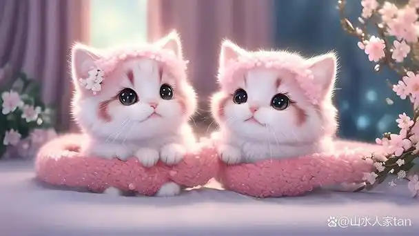 在这个童话般的世界中,两只可爱的小猫紧紧依偎在一起,它们的头上戴着