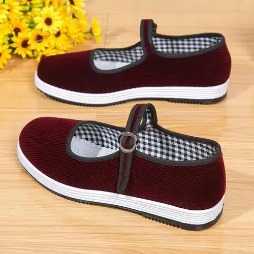 老北京布鞋春季新款女鞋红色工作鞋搭扣一字带平底圆头低帮妈妈鞋