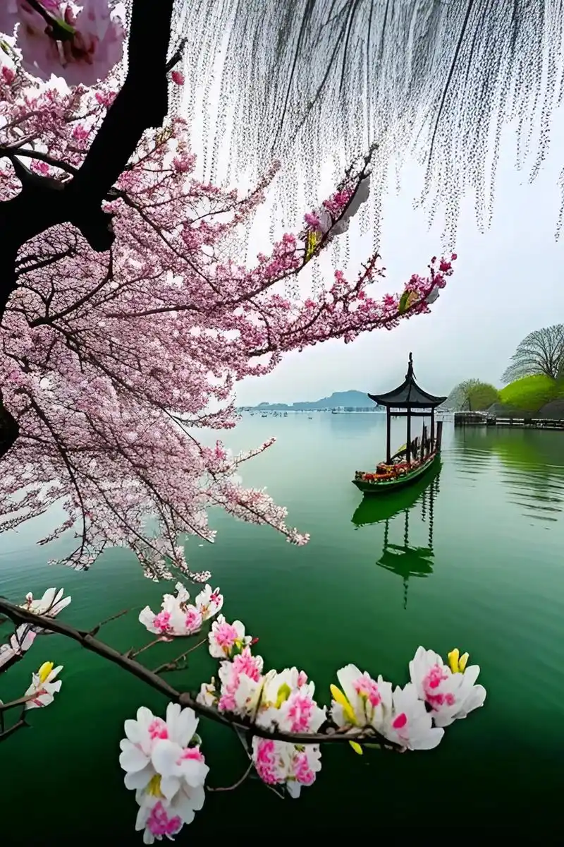 西湖美景,桃红柳绿,小船悠悠,拂面春风,柳树依依,让人心驰神 - 抖音