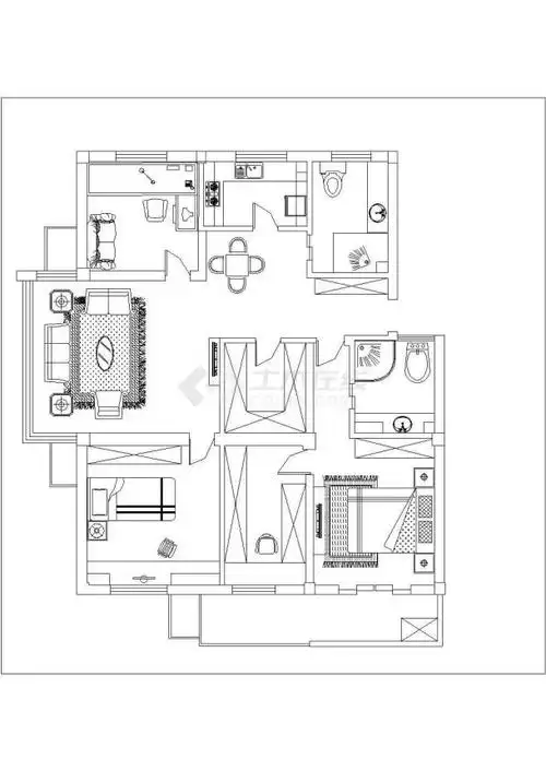 100平方紧凑型小三房两卧室带书房室内装修设计cad平面布置方案图纸