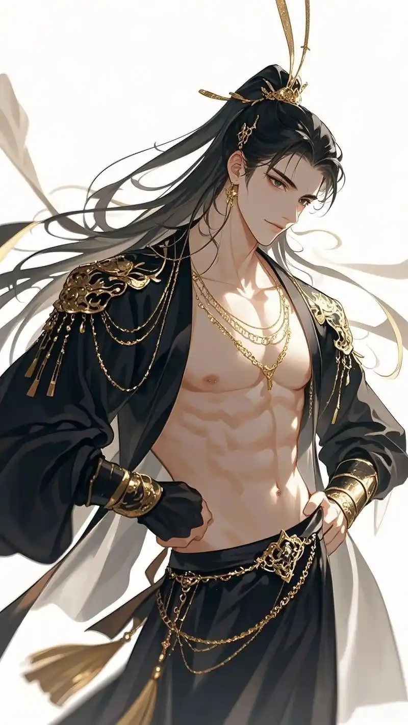 创意美图|黑色流金古风马尾腹肌贵公子.#漫画 #禁欲系 #腹