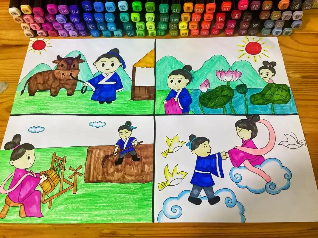 牛郎织女四联画.小学必备四联画——牛郎织女,快快收藏起来#牛 - 抖音