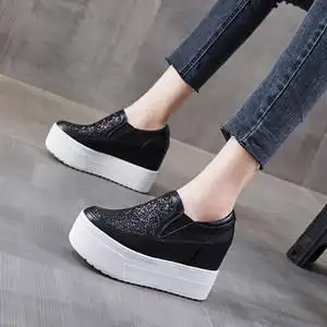 10cm一脚蹬懒人鞋女内增高单鞋百搭休闲亮片低帮厚底松糕女鞋春秋